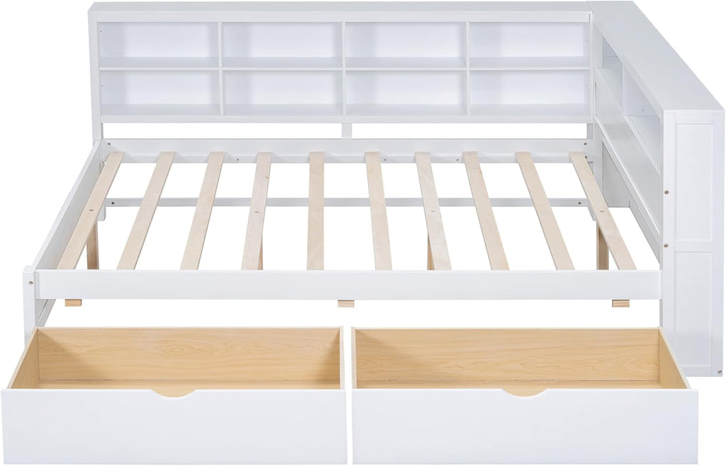 Full Size Daybed with 2 Drawers,Minimalist Wooden Sofa Bed Frame with Storage Shelf and USB Charging Ports for Bedroom, Studyroom, Guestroom, Livingroom (White-WD54)