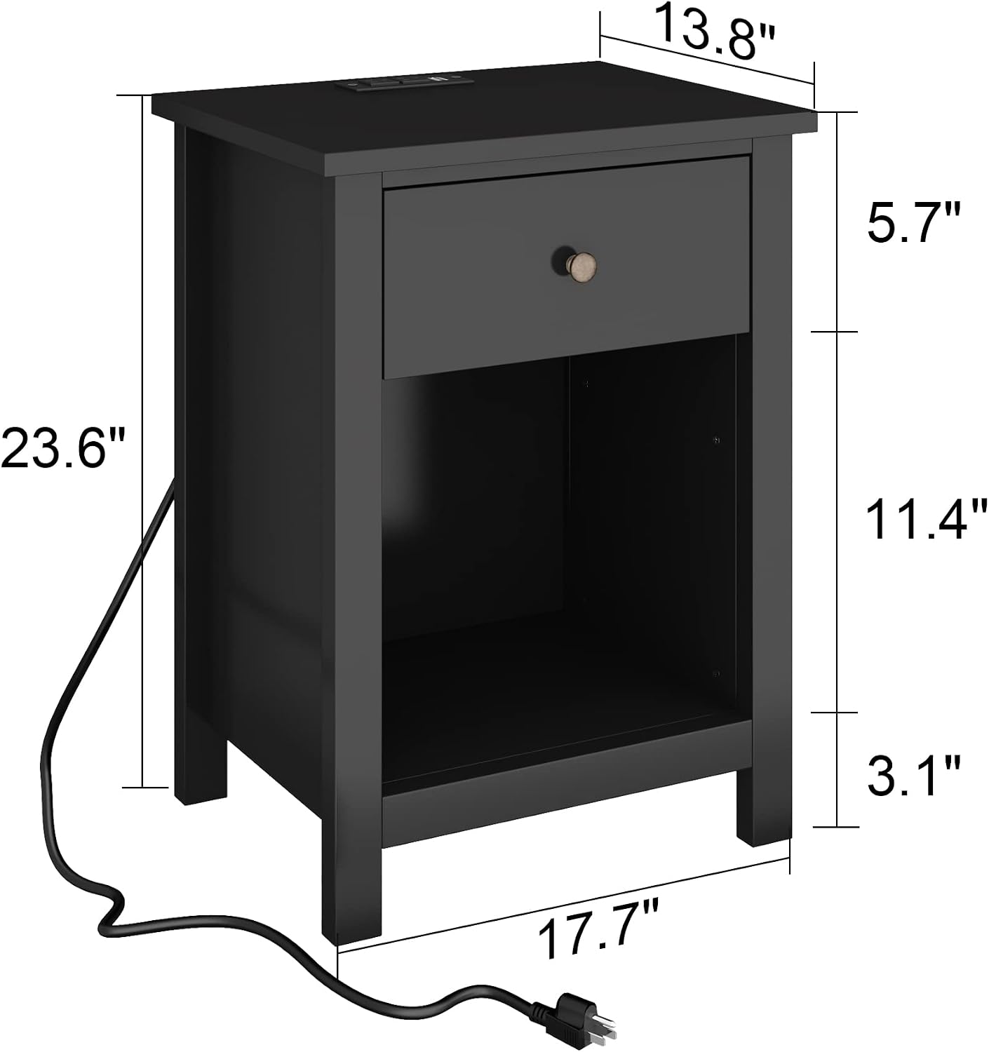 ChooChoo Black Nightstand Set of 2,Night Stand with Charging Station, Wooden Top Bedside End Table with Drawer and Storage Space for Bedroom