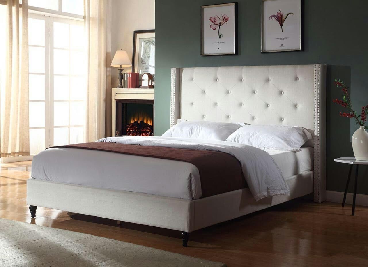 HomeLife Premiere Classics Cloth Light Beige Cream Linen 51' Tall Headboard Platform Bed with Slats Full - Complete Bed 5 Year Warranty Included-007