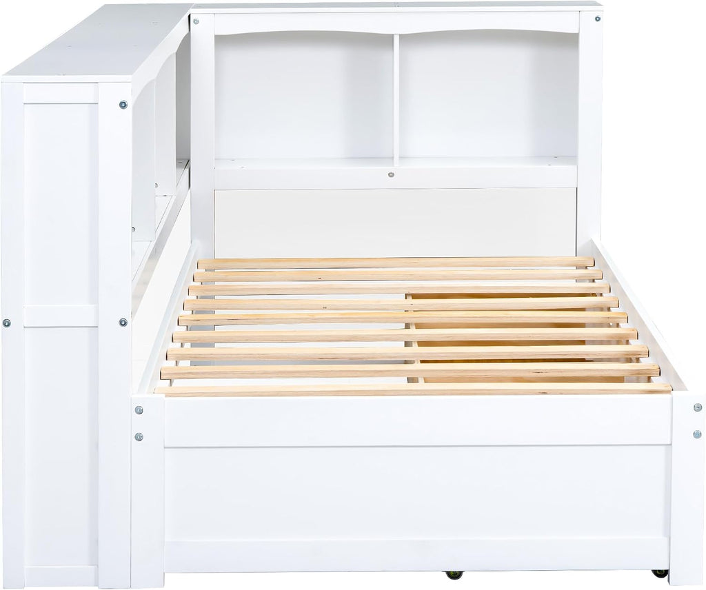 Modern Twin Size Daybed with 2 Storage Drawers, Multifunctional Solid Wood Sofa Bed Frame with Storage Cabinets, USB Portsand and Built-In Charging Station for Living Room,Guest Room (White-186J)