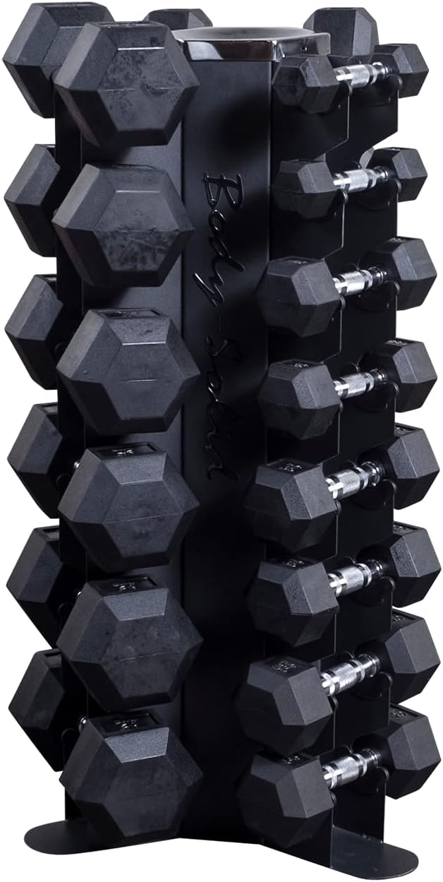 Body-Solid (GDR80-SET) 10-Pairs Dumbbell with Vertical Rack - Compact Weight Storage for Home Gym, Strength Training - Rubber Coated Hexagon Shape Dumbbells with Stand