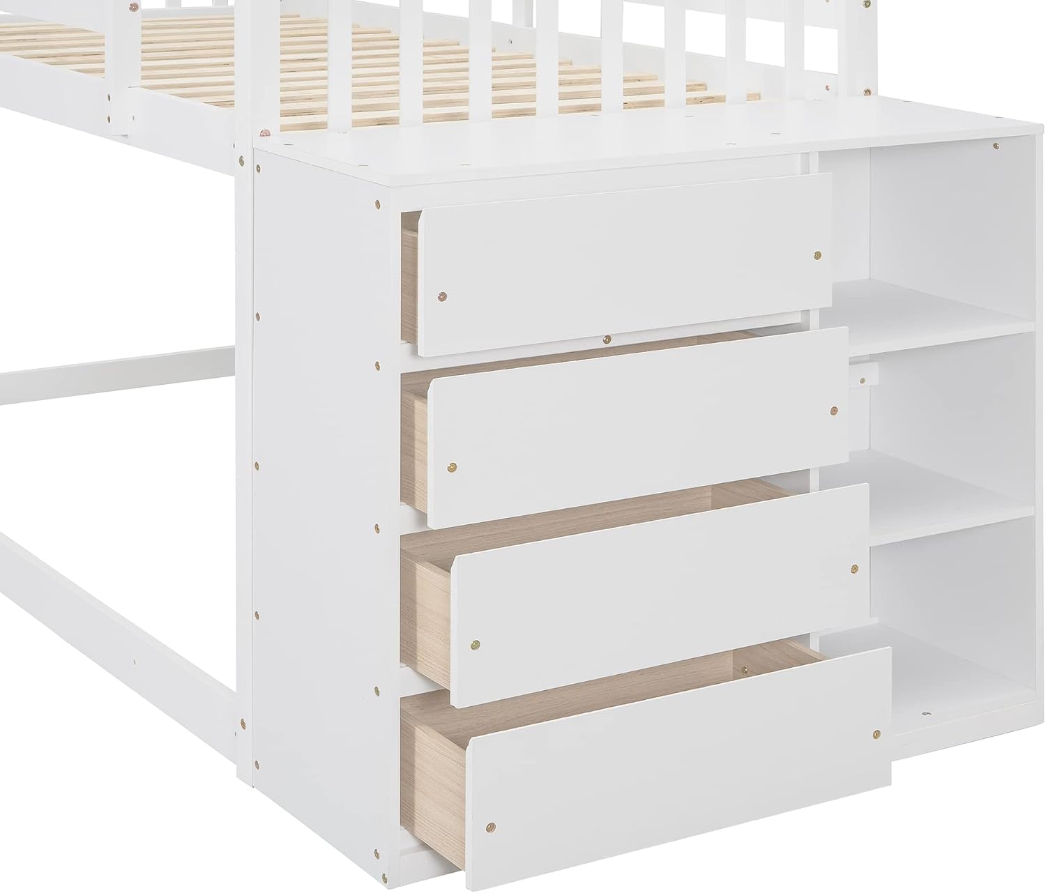 Twin-Over-Twin Size Bunk Bed, Bedroom Furniture Pine Wood Bed Frame with Storage Drawers and Open Shelves, Drawers and Shelves Set Can Be Moved, for Kids & Teens (White)