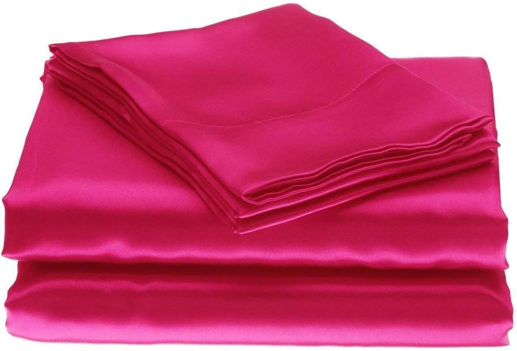 Twin XL Size 4-Piece Sheet Set Premium Mulberry Silk Bed Sheets Set Fits 14-16' Deep Pocket - Luxurious Soft Silk (Solid, Hot Pink)