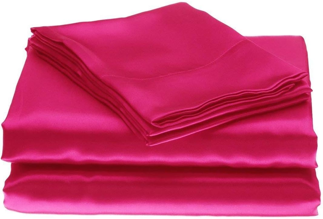 Twin XL Size 4-Piece Sheet Set Premium Mulberry Silk Bed Sheets Set Fits 14-16' Deep Pocket - Luxurious Soft Silk (Solid, Hot Pink)