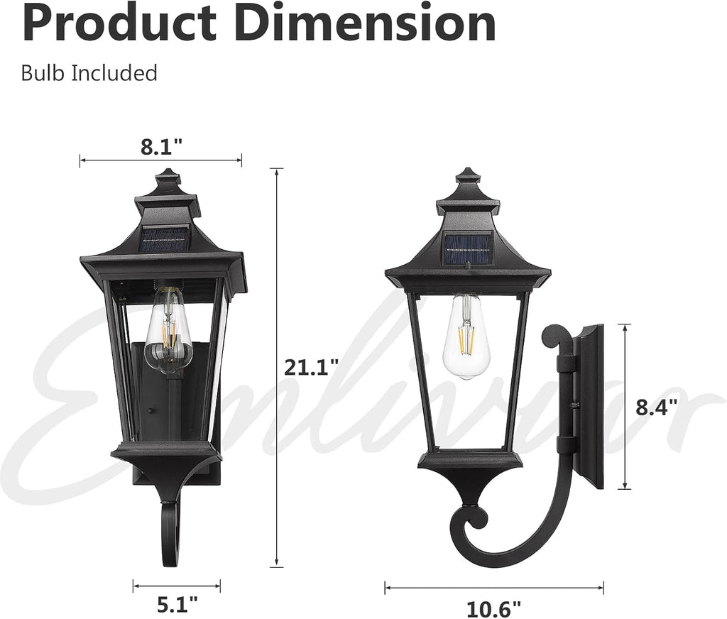 Emliviar Solar Exterior Front Porch Light with Remote Control, 3 Lighting Modes Waterproof Solar Wall Lantern, Auto On/Off Black Outside Light with Clear Glass, 500181-SL BK