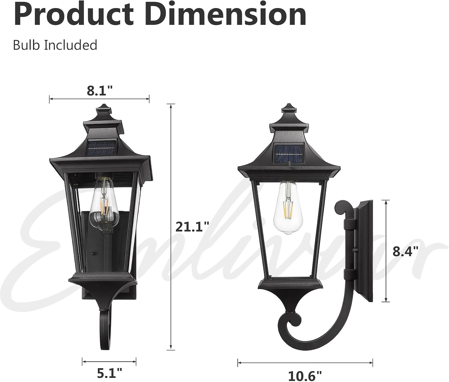 Emliviar Solar Exterior Front Porch Light with Remote Control, 3 Lighting Modes Waterproof Solar Wall Lantern, Auto On/Off Black Outside Light with Clear Glass, 500181-SL BK