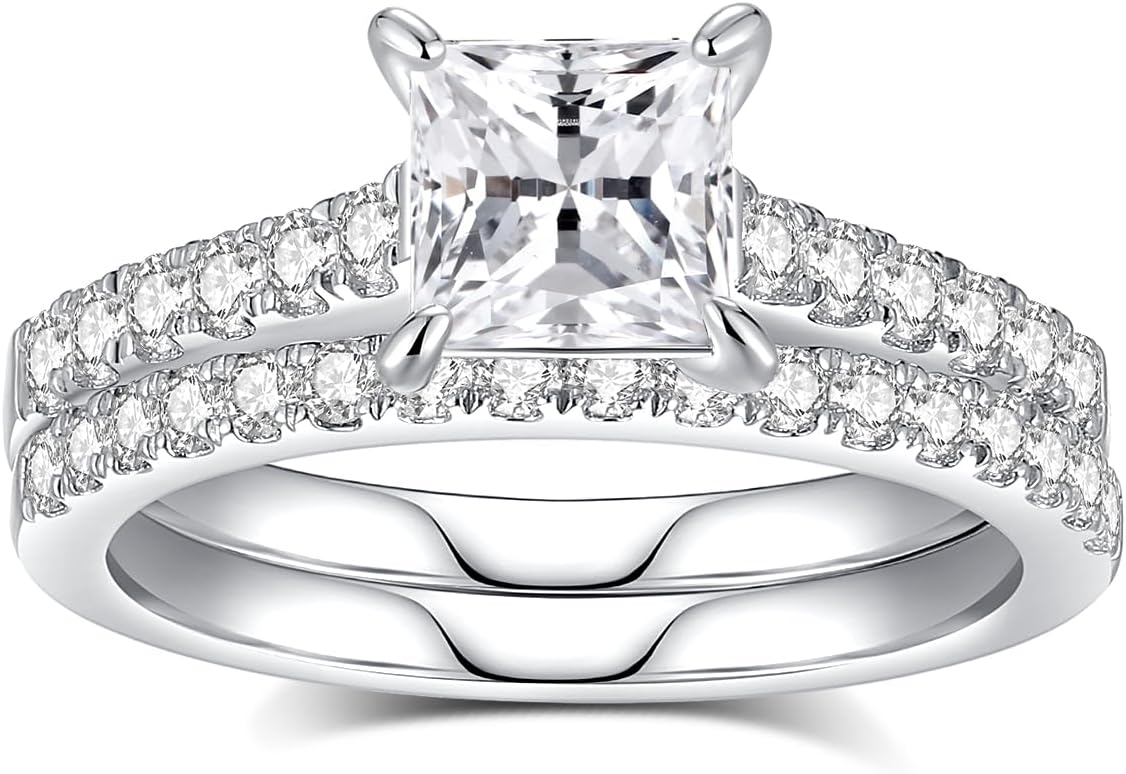 Moissanite Wedding Ring Set Moissanite Bridal Ring Sets for Women D Color VVS1 Princess Cut Engagement Rings S925 Sterling Silver Promise Rings for Women Wife
