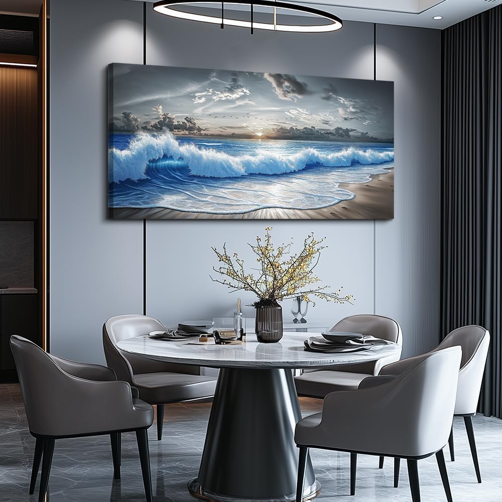 PHAOHUAXM Large Canvas Printed Artworks Mural Wall Decor For Living Room Wall Art For Bedroom Office Decor Black White And Blue Ocean Wave Landscape Painting Modern Home Decor Ready To Hang 30'X60'