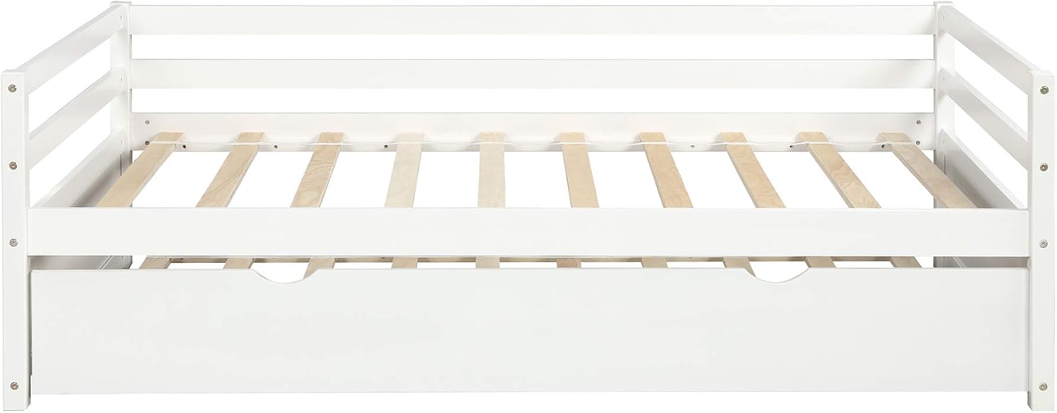 Twin Size Daybed with Trundle Frame Set, Sturdy Pull-Out Trundle Bed for Kids, Girls, Bedroom, No Box Spring Needed, White