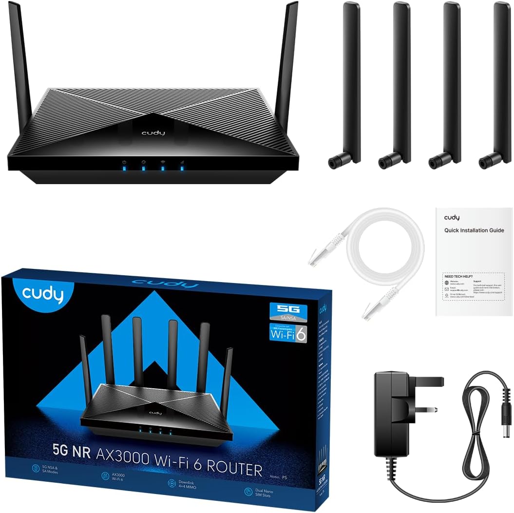 Cudy New 5G NR SA NSA AX3000 WiFi 6 CPE Router, AX3000 Dual SIM 5G Cellular Router, Qualcomm IPQ5018, SDX62, MU-MIMO, Detachable Antennas, Band Lock, VPN, Zerotier, Cloudflare, P5