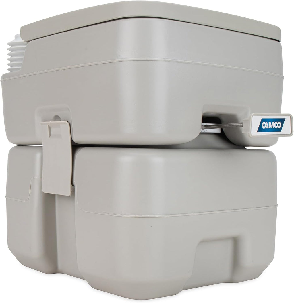 Camco 5.3-Gallon Portable Toilet - Features Detachable Holding Tank w/Sealing Slide Valve & Bellow-Type Flush - Easy Transport w/Compact Lightweight Design & Carry Handle - Gray (41541)