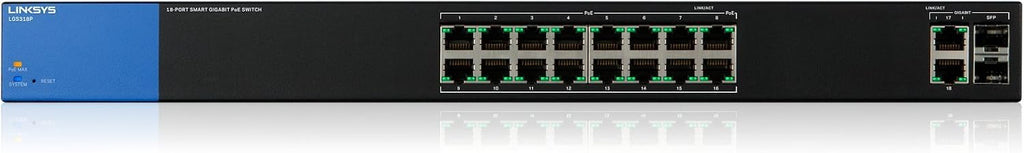 Linksys Business LGS318P 16-Port Gigabit Poe+ (125W) Smart Managed Switch with 2 Gigabit and 2 SFP Ports, Black