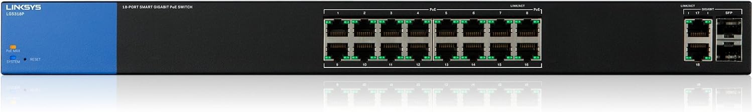 Linksys Business LGS318P 16-Port Gigabit Poe+ (125W) Smart Managed Switch with 2 Gigabit and 2 SFP Ports, Black