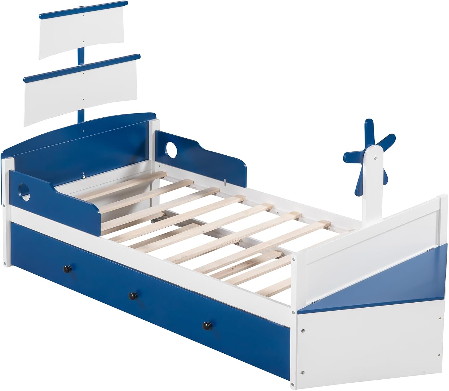 Generic 3 s Bedroom Sets,Twin Size Boat Shaped Platform Bed with Trundle and Two Nightstands,White+Blue, As title