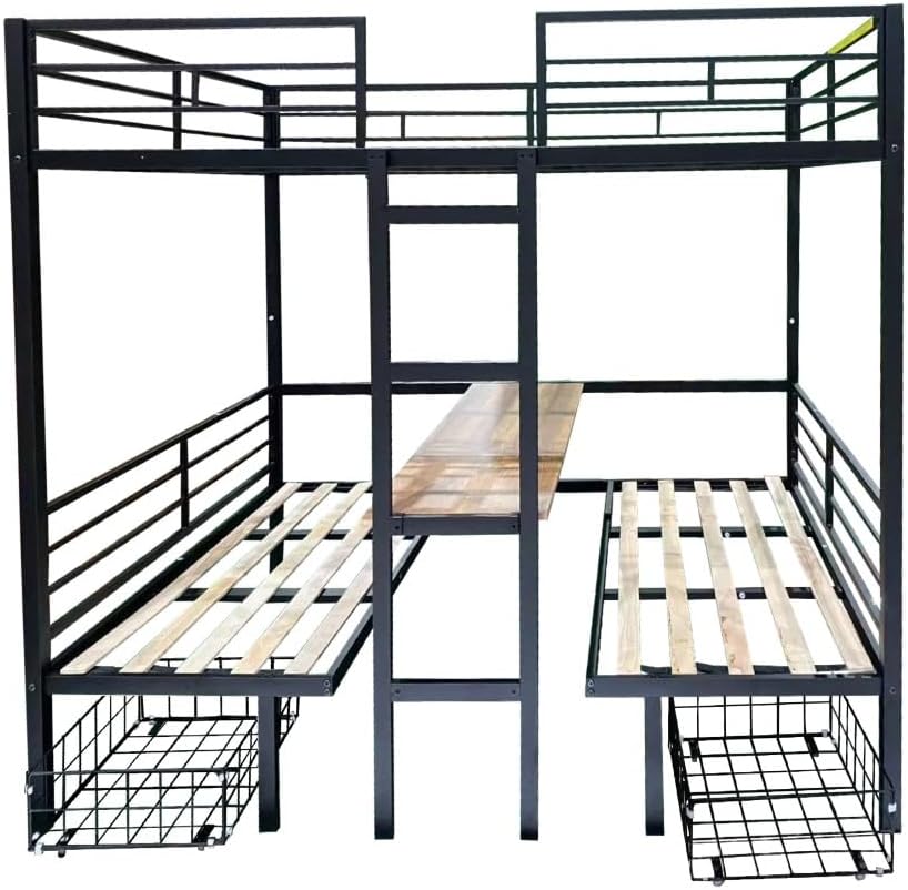 Twin Size Loft Bed with Table Sets Transformable to Twin Over Twin Bunk (Black + Steel + Full)