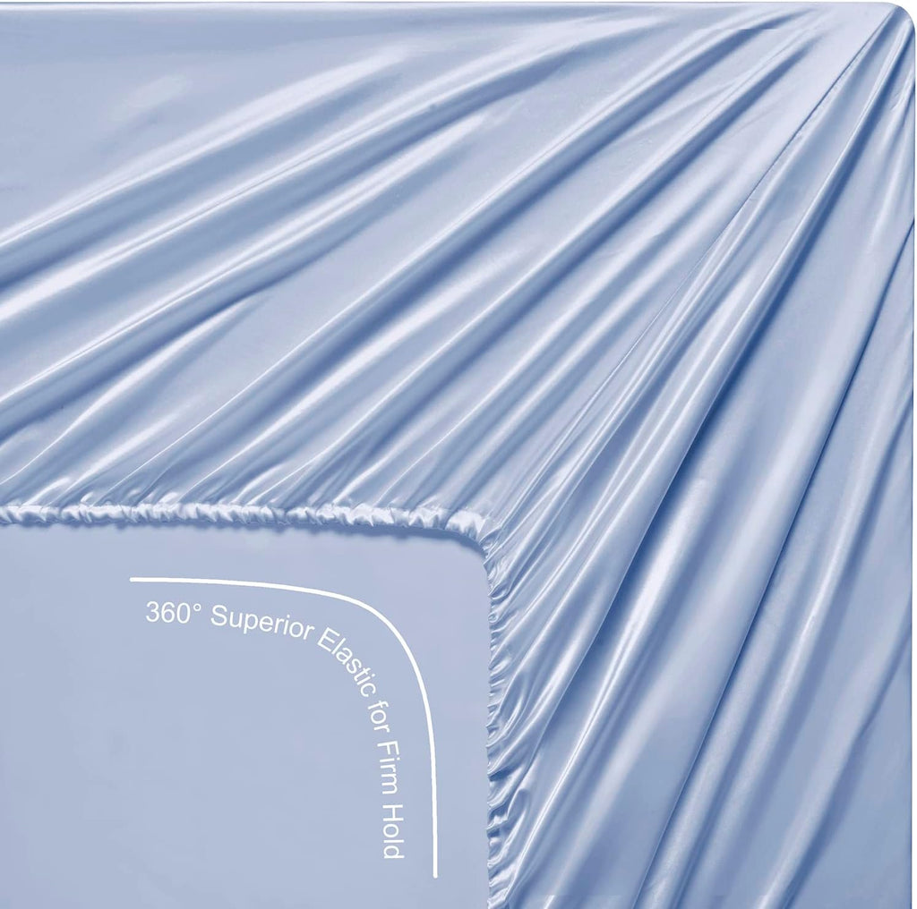 Twin Size 4-Piece Sheet Set Premium Mulberry Silk Bed Sheets Set Fits 14-16' Deep Pocket - Luxurious Soft Silk (Solid, Light Blue)