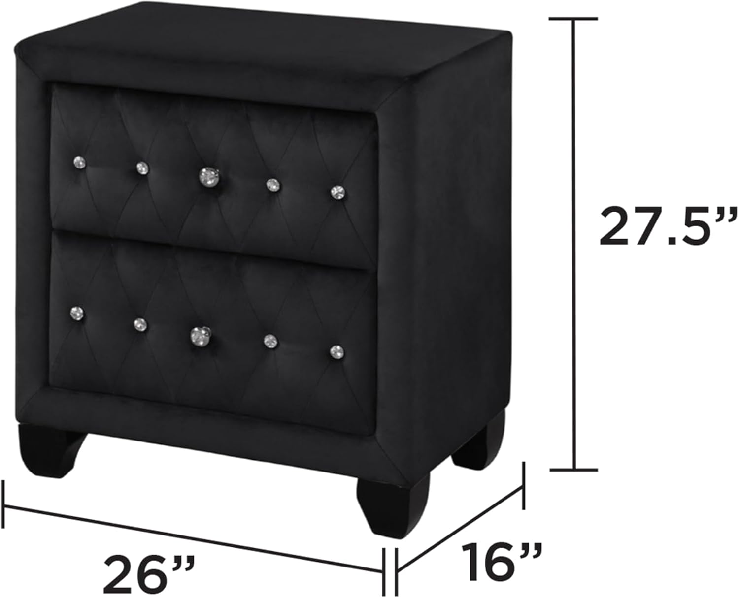 Sophia Modern Style Crystal Tufted 2-Drawer Nightstand Upholstered with Velvet Fabric Made with Wood in Black