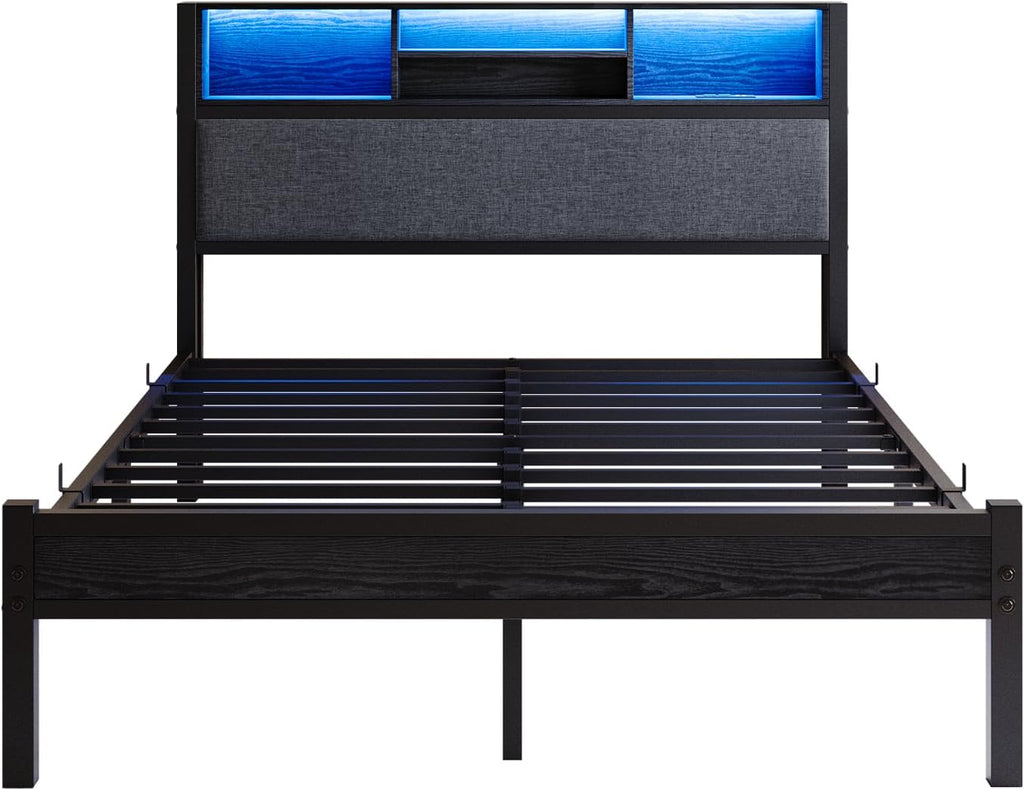 Full Size Bed Frame with Upholstered Headboard and Storage Shelves, Bed Frame with Charging Station and LED Lights,Metal Platform Bed Frame,No Box Spring Needed,Noise Free,Easy Assembly,Black