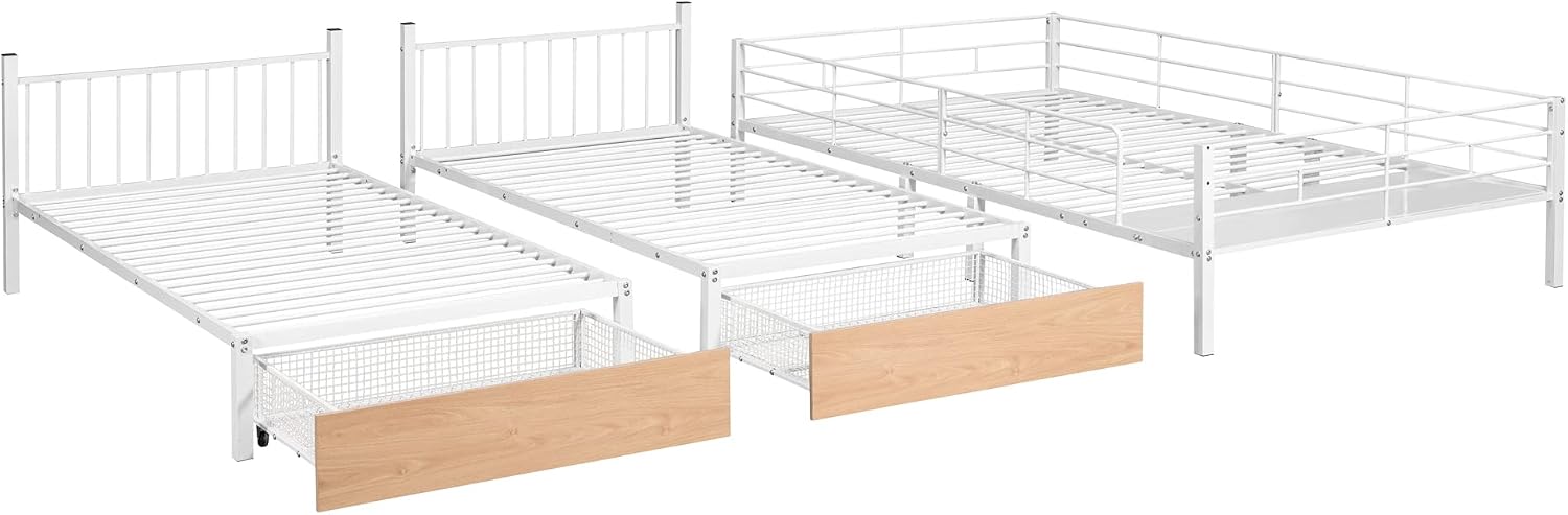 DEINPPA Triple Bunk Bed with Drawers, Can Be Separated into 3 Beds, Full Over Twin & Twin Bunk Bed,Metal Bed for Adult Kids Student Dormitory Bedroom Furniture Set, White