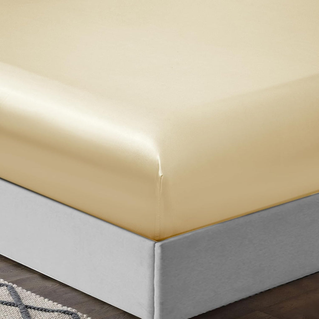 Twin XL Size 4-Piece Sheet Set Premium Mulberry Silk Bed Sheets Set Fits 14-16' Deep Pocket - Luxurious Soft Silk (Solid, Beige)