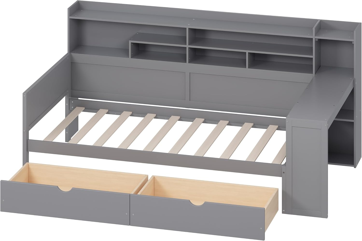 Mirightone Corner Twin Bed Frame with Bookcase Storage and Desk, Wood Day Beds with 2 Drawers, Twin Size Daybed with Storage for Living Room,Bedroom & Guest Room, Gray