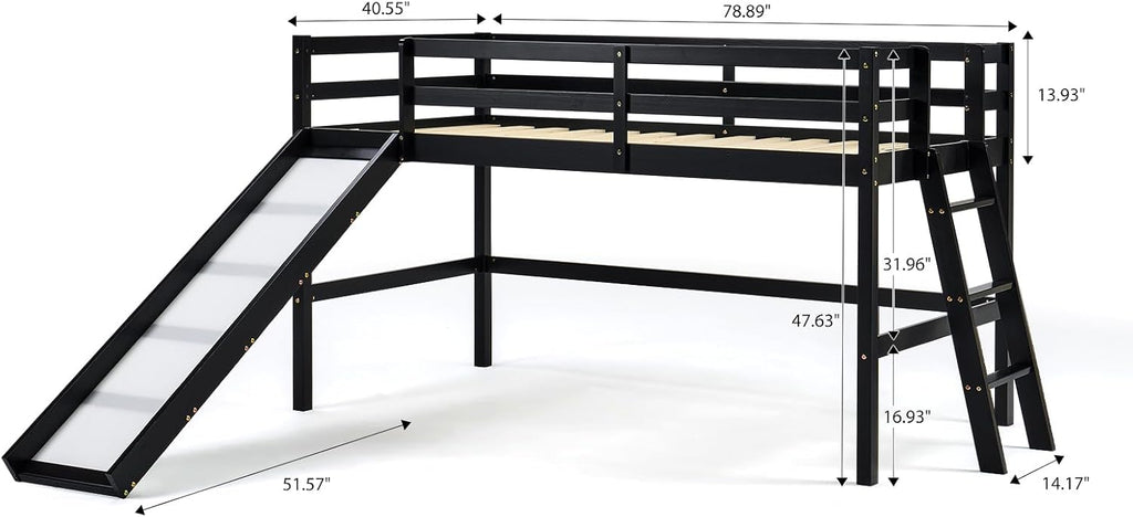 VINGLI 47 Inches Medium High Loft Bed with Slide, Space Saving Kids Low Loft Bed Twin Size with Guardrail and Flat Ladder, Pine Wood Bed Frame for Boys and Girls, Black