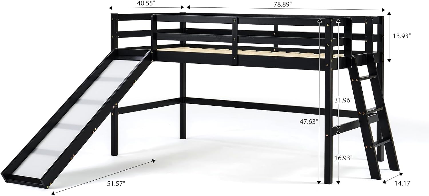 VINGLI 47 Inches Medium High Loft Bed with Slide, Space Saving Kids Low Loft Bed Twin Size with Guardrail and Flat Ladder, Pine Wood Bed Frame for Boys and Girls, Black