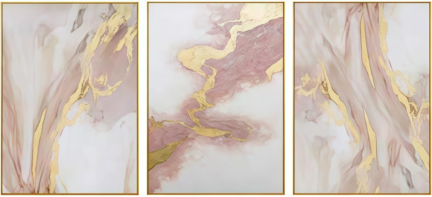 Pink Abstract Canvas Wall Art For Living Room, Large Gold Abstract Painting Water Flow Shape For Bedroom, Framed Modern Wall Pictures for Home Decor Ready to Hang 28x60 inches