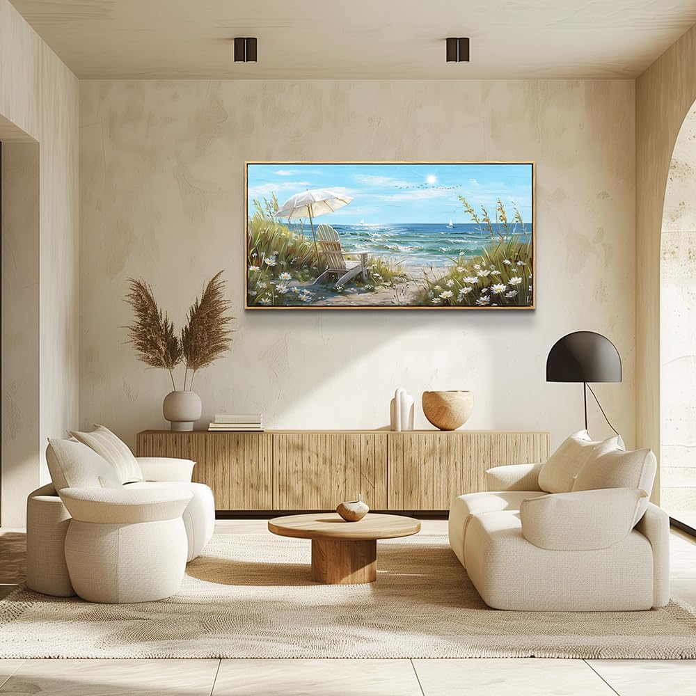 ERQINHUA Large Wall Art For Living Room Canvas Wall Decor For Bedroom Office Decoration Blue Sea Ocean Paintings Beach Chair Wall Pictures Artworks Modern Home Decor Aesthetics 24x48 In Wood Framed