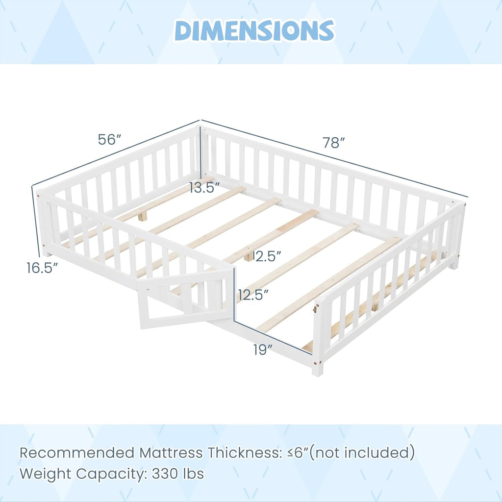 Giantex Full Size Floor Bed for Kids, Low Montessori Bed with Wood Slats & Safety Guardrails, Solid Wood Full Floor Beds with Fence and Door for Kids Boys Girls, White