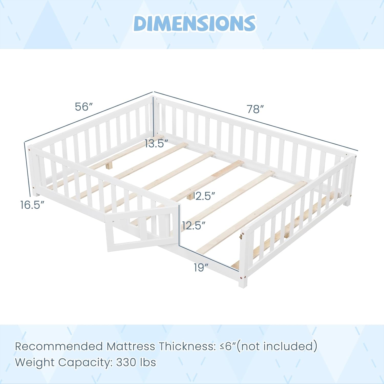 Giantex Full Size Floor Bed for Kids, Low Montessori Bed with Wood Slats & Safety Guardrails, Solid Wood Full Floor Beds with Fence and Door for Kids Boys Girls, White