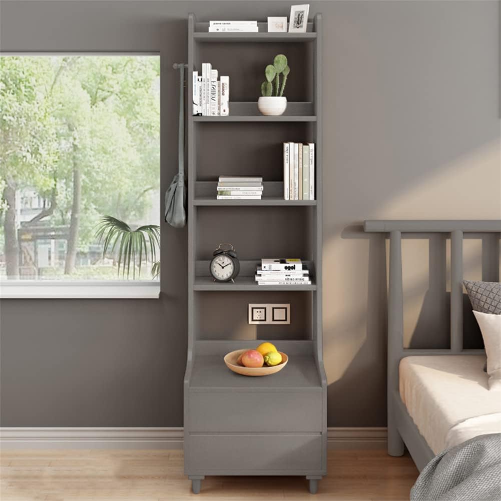 IOTXY Grey Bedside Table Bookshelf - 71' Tall Free Standing Wooden Open Shelf Bookcase with Drawers and 4-Shelves for Bedroom, Bed Side End Table, Nightstand