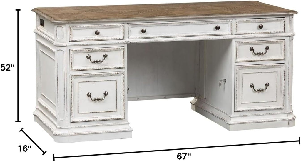 Liberty Furniture Magnolia Manor Complete 5 Piece Desk Set for Home Office - Antique White & Weathered Bark