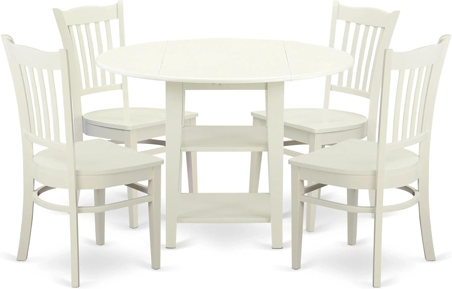 East West Furniture SUGR5-LWH-W 5 Piece Dining Table Set for 4 Includes a Round Kitchen Table with Dropleaf & Shelves and 4 Kitchen Dining Chairs, 42x42 Inch, Linen White