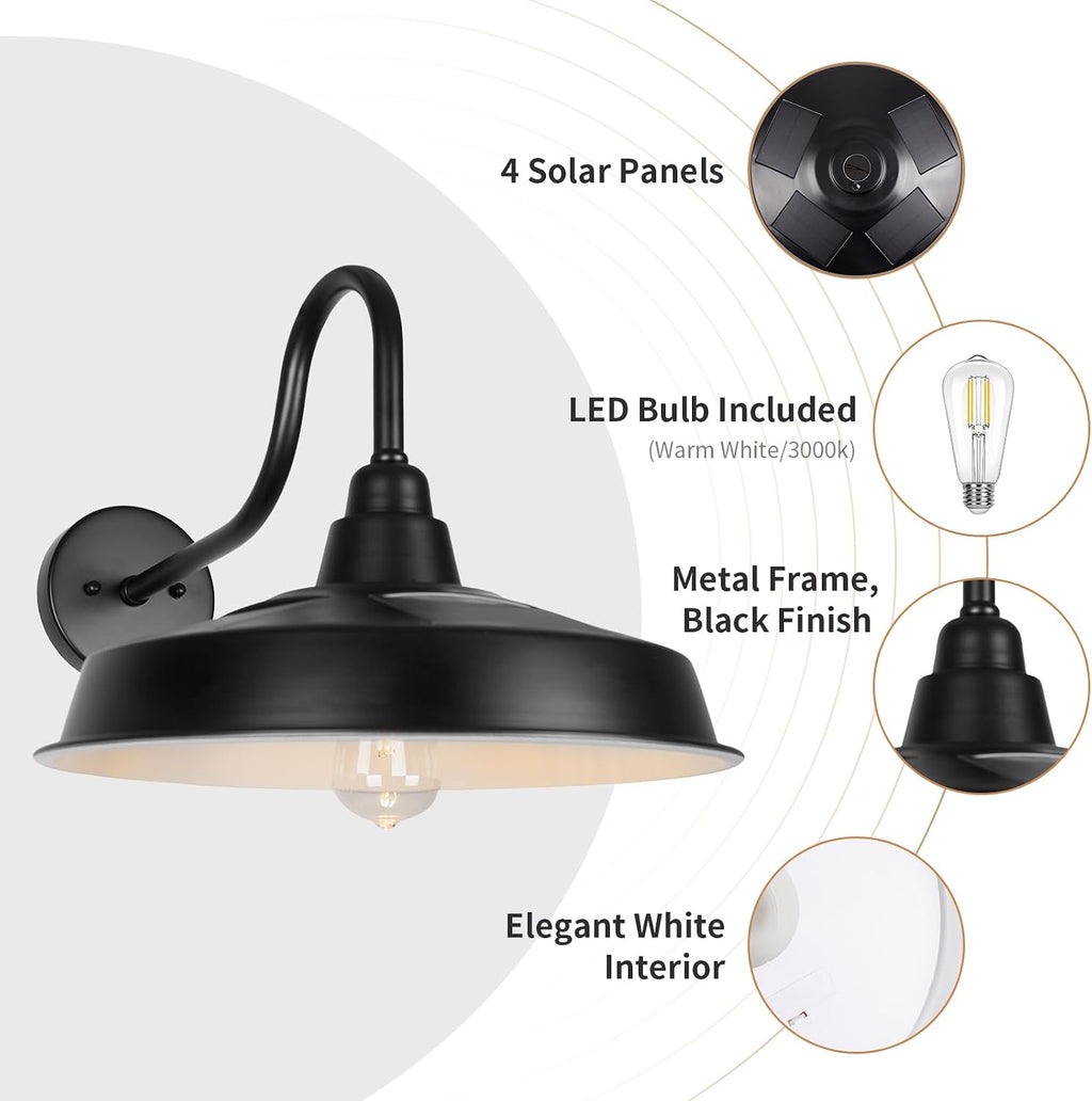 Solar Barn Light Outdoor, 16 Inch Dome Wall Light Solar Powered, Farmhouse Exterior Wall Sconce, Industrial Outside Lighting Fixture, Rustic Lantern for Garage, Barn, Shed, RZSR020W