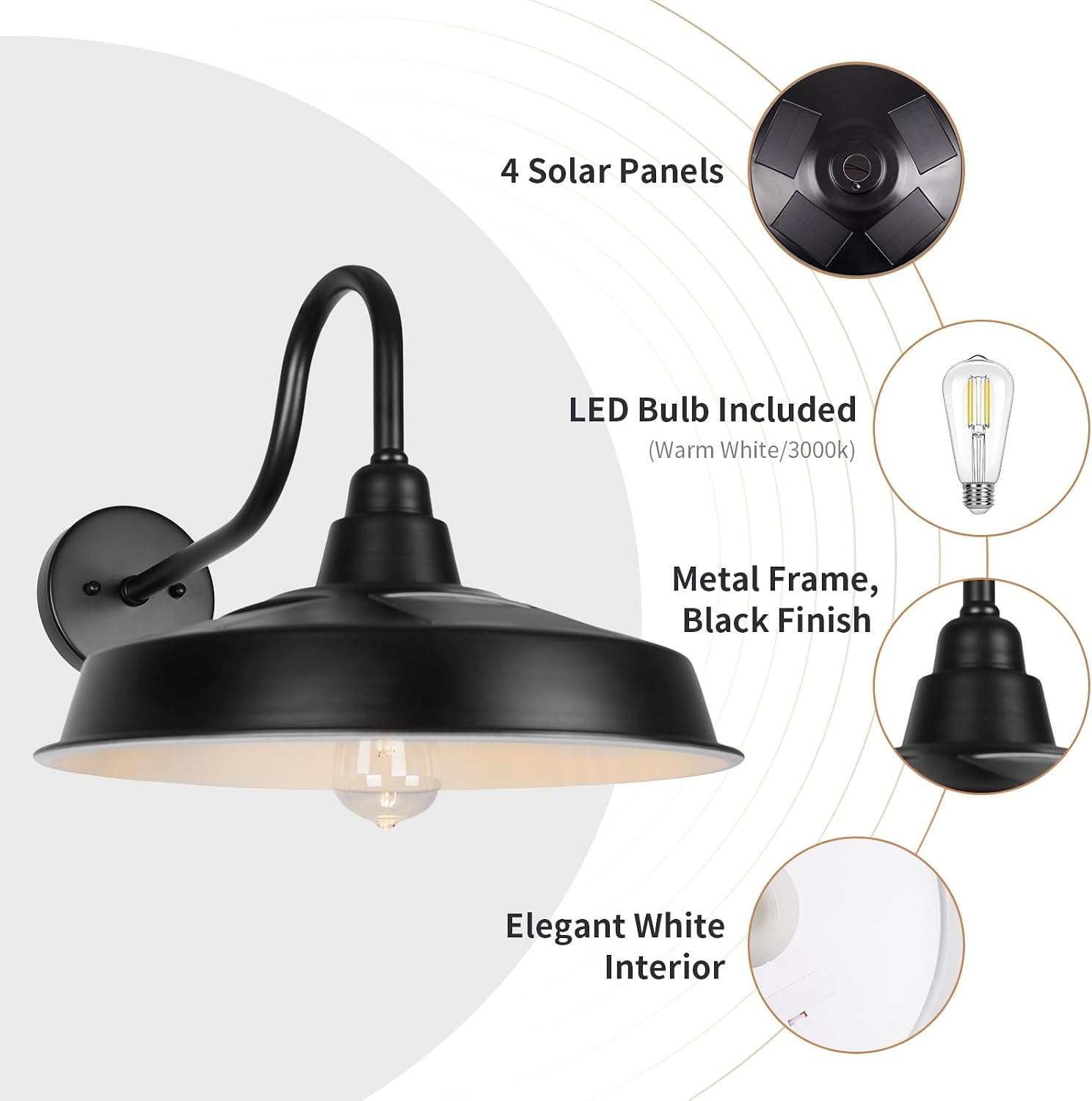 Solar Barn Light Outdoor, 16 Inch Dome Wall Light Solar Powered, Farmhouse Exterior Wall Sconce, Industrial Outside Lighting Fixture, Rustic Lantern for Garage, Barn, Shed, RZSR020W