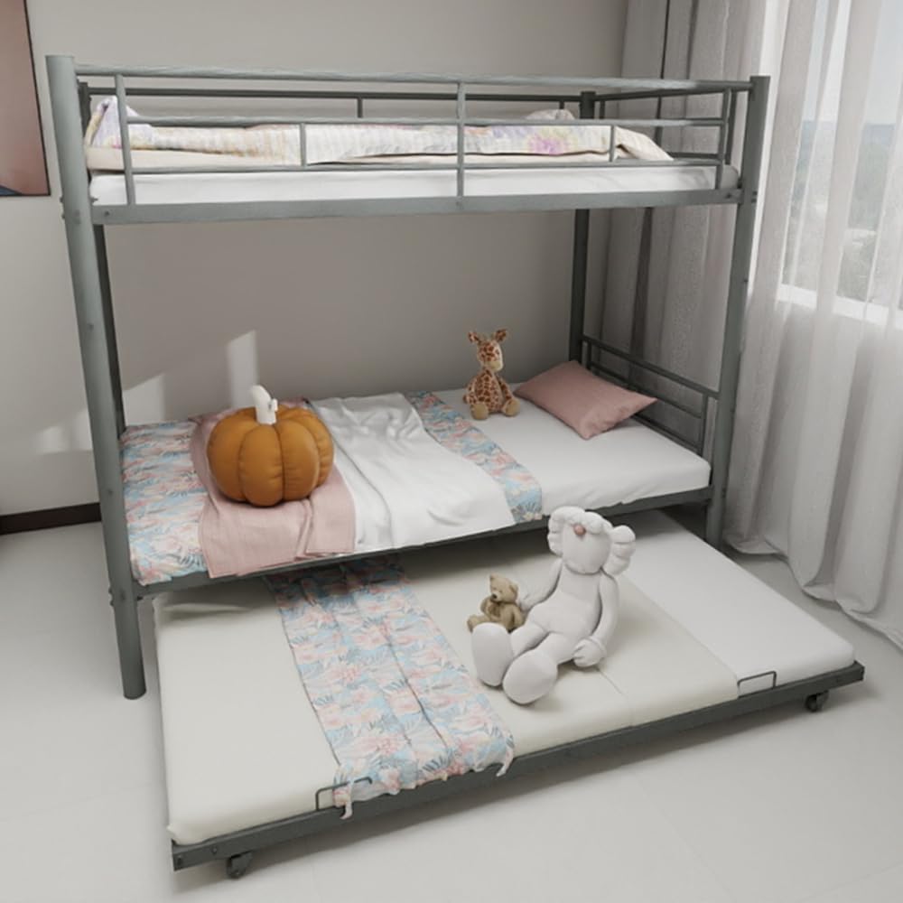Twin Over Full Metal Bunk Bed, with Ladder & Full-Length Guardrail for Teens Adults, Noise Free (Silver + Metal + Twin)