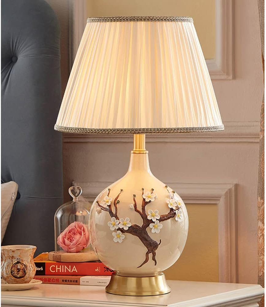 Chinoiserie Ceramic Table Lamp with Brass Base Bedside Desk Nightstand Lamp with Handmade Flower Reading Lamp for Bedroom Living Room Office College Bookcase (61x36cm)