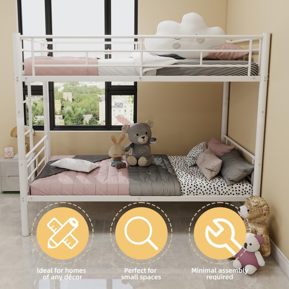 Twin Over Full Metal Bunk Bed, with Ladder & Full-Length Guardrail for Teens Adults, Noise Free (White + Metal + Metal-2)