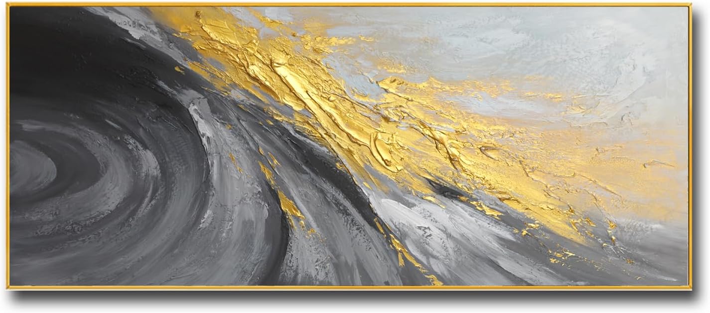 Large 3D Black and White Abstract Wall Art for Living Room, Gold Framed Textured Artwork for Office-Hand Painted Oil Painting on Canvas for Bedroom Home Decoration 24x56 inches