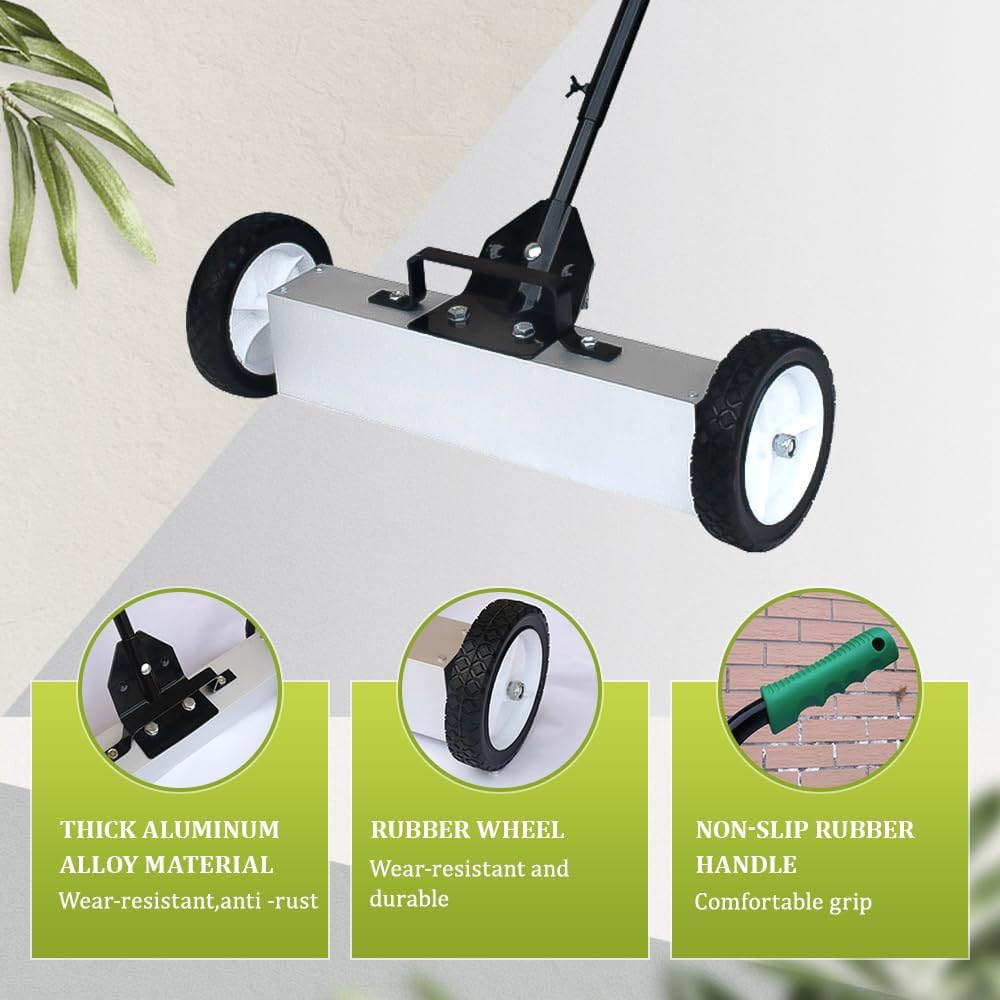 Rolling Magnetic Sweeper Push-Type Magnetic Pick Up Sweeper with Wheels Large Durable Magnet Pickup Lawn Sweeper Length-adjustable Handle Easy Cleanup Tool for Garage Construction Yard (36inch)