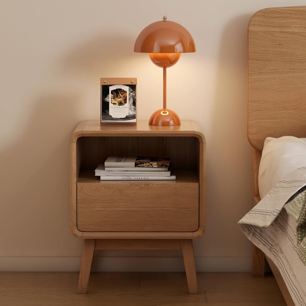 100% Solid Oak Wood Nightstand, Natural Wood Nightstand with Drawer Open Shelf, Mid Century Modern Night Stand, Small Side End Tables, Oak Bedside Table for Bedroom(16.54' Wx13.78 Dx20.47 H)