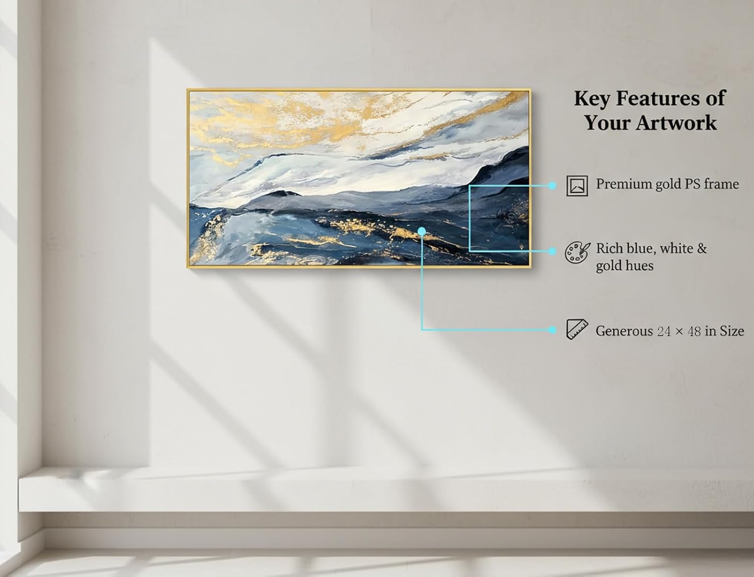 Large Blue and Gold Mountain Wall Art for Living Room, Framed Blue Abstract Painting for Bedroom,Modern Landscape Office Wall Decor Ready to Hang 24x48 Inches
