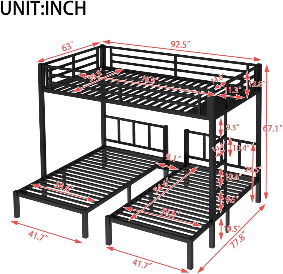 Twin Over Twin & Queen Bunk Bed, with Safety Guardrails,Space-Saving/Noise Reduced,Black (Black + Metal-1)