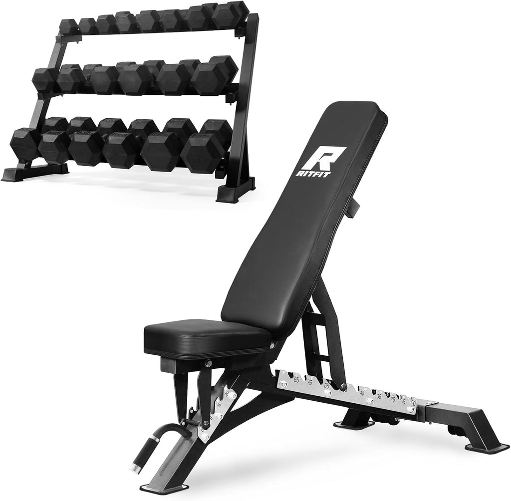 RITFIT 300/350/650LBS Rubber Coated Hex Dumbbell Set with Rack and Multi-Position Weight Bench, 1300LB Capacity for Full Body Workout