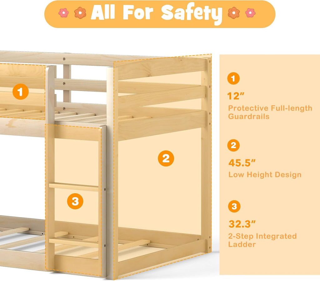 KOMFOTT Low Bunk Bed Twin Over Twin, Solid Wood Twin Bed Frame with Built-in Ladder & Safety Guardrails, Space-Saving Low Bunk Bed for Kids, Teens, No Box Spring Needed