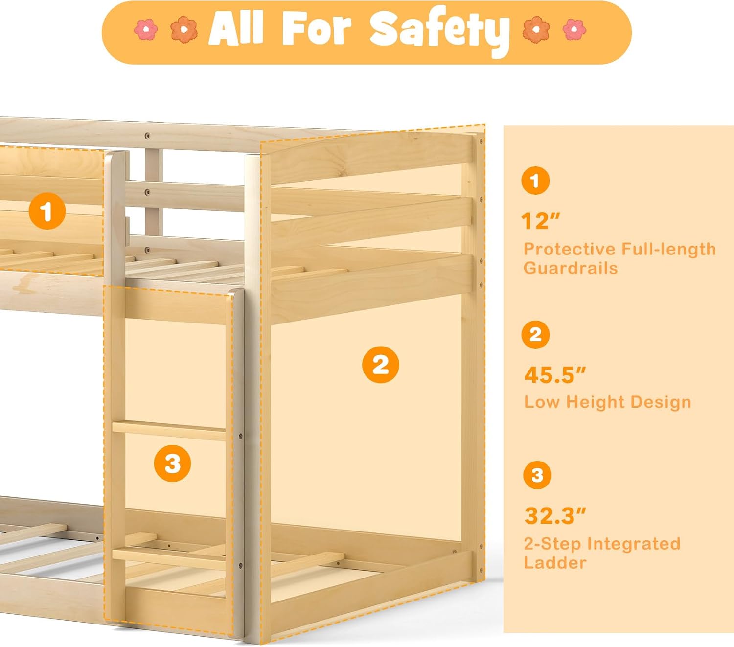 KOMFOTT Low Bunk Bed Twin Over Twin, Solid Wood Twin Bed Frame with Built-in Ladder & Safety Guardrails, Space-Saving Low Bunk Bed for Kids, Teens, No Box Spring Needed