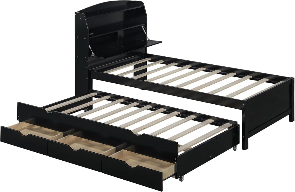Merax Twin Size Bed Frame with Flip-Up Storage Headboard, Black Twin Bed with 3 Drawers and Trundle, Wooden Bed Frame Twin a Set of Sockets & USB Ports, No Box Spring Needed