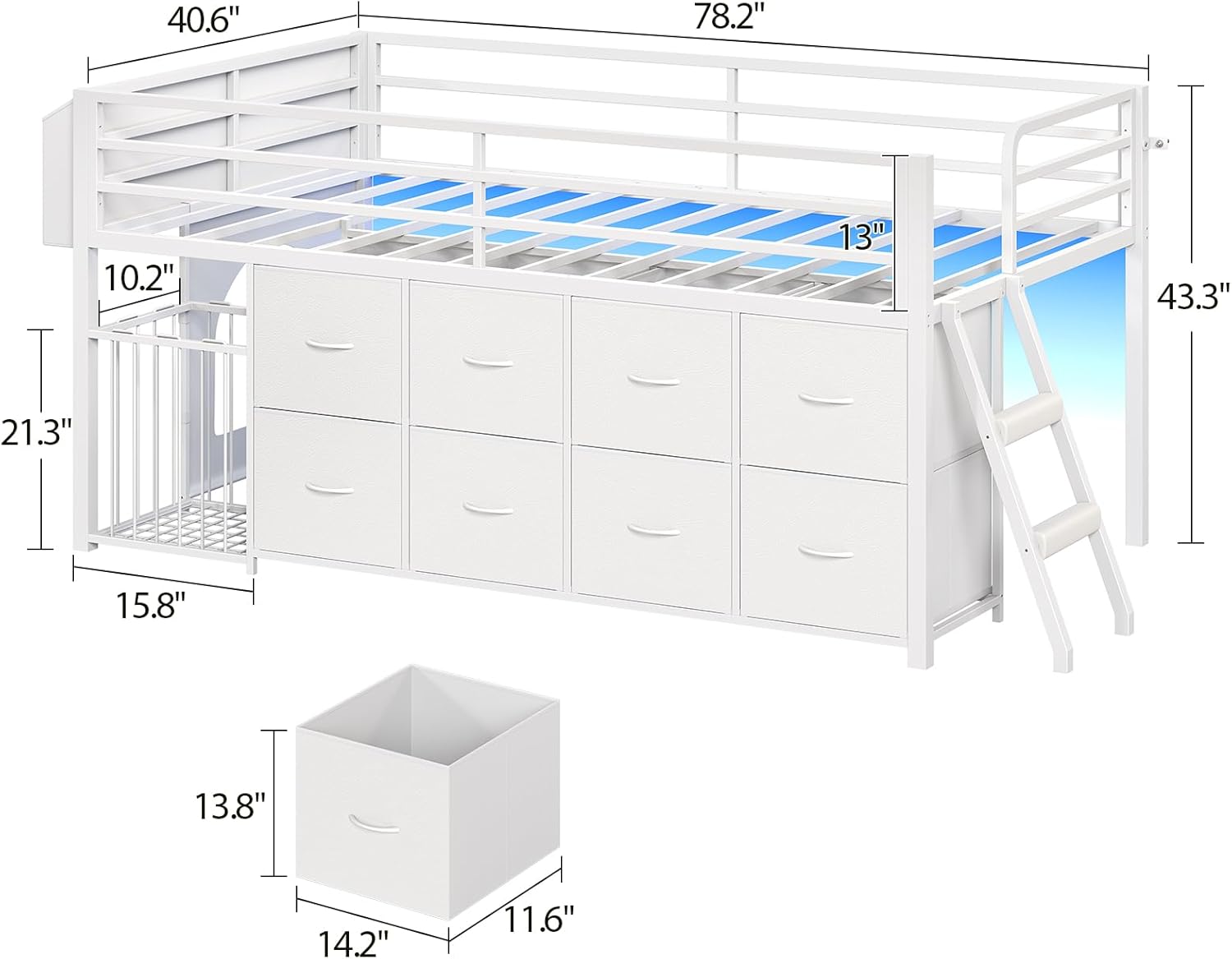 UPOSOJA Twin Size Low Loft Bed with RGB Lights & Play Zone, 8 XL Drawers, Kids Play Loft with 2-Step Ladder & Anti-Tip Kit (White)