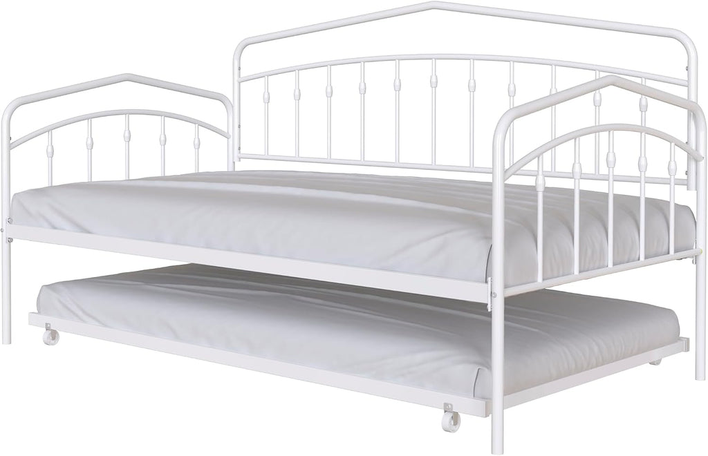 Twin Daybed with Trundle,Metal Sofa Bed Set,Rollaway Daybed Couch Bed Frame for Bedroom Living Room Guest Room White